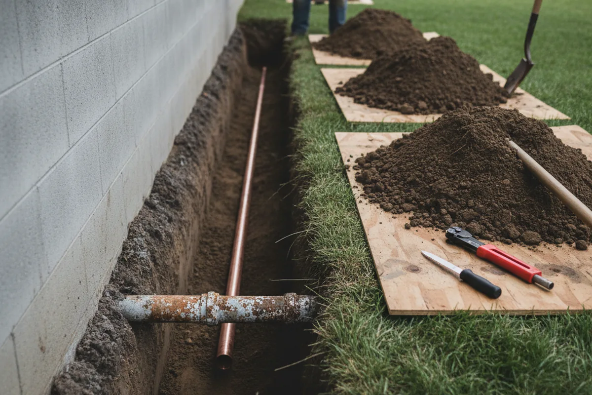 Excavated water line trench during Water Heater Repair in Catawba
